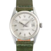 A GENTLEMAN'S SIZE STEEL & WHITE GOLD ROLEX OYSTER PERPETUAL DATEJUST WRIST WATCH CIRCA 1972, REF.