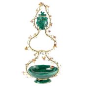 A FINE AND IMPRESSIVE 18K SOLD GOLD, MALACHITE, DIAMOND & ROCK CRYSTAL THREE TIER CENTREPIECE