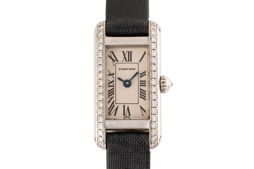A LADIES 18K SOLID WHITE GOLD & DIAMOND CARTIER TANK MINI ALLONGEE WRIST WATCH DATED 2003, REF. 2525 - Image 1 of 7