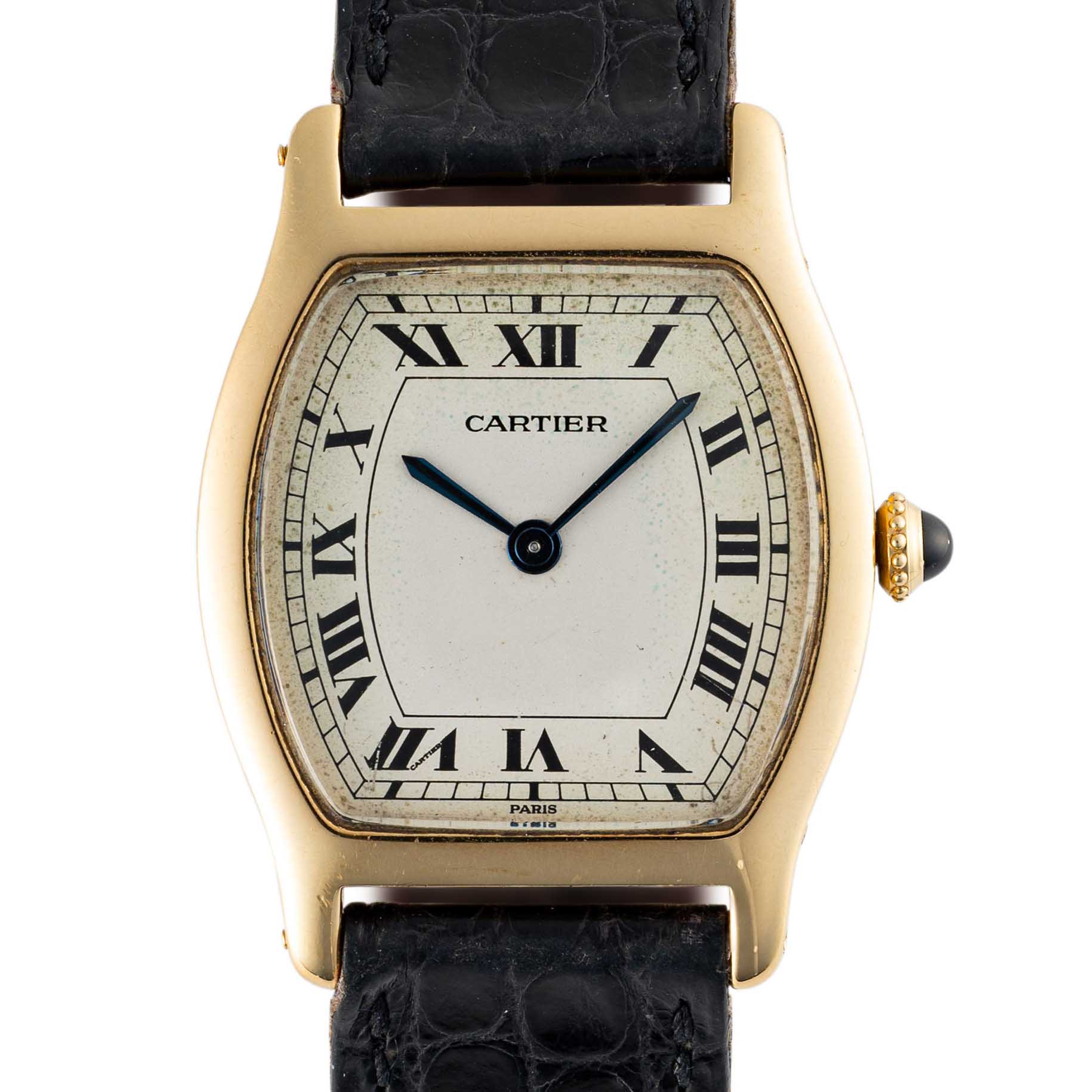 A RARE GENTLEMAN'S SIZE 18K SOLID GOLD CARTIER PARIS TORTUE WRIST WATCH CIRCA 1980, WITH FREDERIC