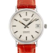 A GENTLEMAN'S SIZE STAINLESS STEEL LONGINES CONQUEST AUTOMATIC DATE WRIST WATCH CIRCA 1970s, REF.