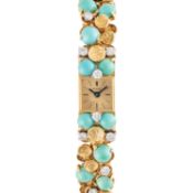 A FINE & RARE LADIES 18K SOLID GOLD, DIAMOND & TURQUOISE PIAGET BRACELET WATCH CIRCA 1970s, REF.