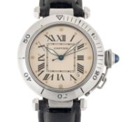 A GENTLEMAN'S SIZE STAINLESS STEEL CARTIER PASHA AUTOMATIC DATE WRIST WATCH CIRCA 1995, REF. 1030