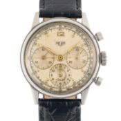 A RARE GENTLEMAN'S LARGE SIZE STAINLESS STEEL HEUER WATERPROOF CHRONOGRAPH WRIST WATCH CIRCA