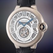 A FINE GENTLEMAN'S LARGE SIZE 18K WHITE GOLD CARTIER BALLON BLEU FLYING TOURBILLON WRIST WATCH CIRCA