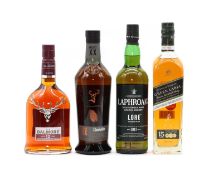 Dalmore, Johnnie Walker, Glenfiddich and Laphroaig (4 bottles in total)