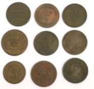 19th Century Penny Tokens, 9 tokens comprising: Nottingham, one penny token 1813; Walthamstow,