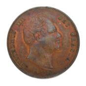 William IV, Penny 1834, (S.3845); Die flaw running from edge to Britannia’s right knee, a couple