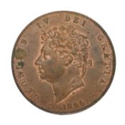 George IV, Halfpenny 1826, two incuse lines on saltire (S.3824); small amount of original colour,