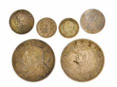 Assortment of Chinese Silver Coinage; 6 coins comprising; Yan Shi-Kai 'Fat Man' dollar, year 3 (