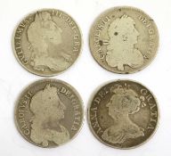 4x Mixed 17th and 18th Century Halfcrowns, comprising: Charles II, 1670, (S.3365); 1676, (S.3367);
