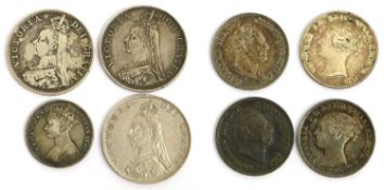 Assorted Victorian Silver Coinage; 8 coins comprising; Victoria, (3x) double florins, 1887 GVF; 1888