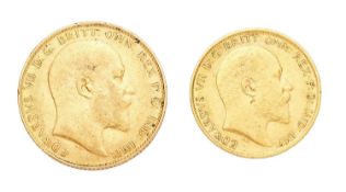 Edward VII, Sovereign 1907, Fine; together with, Edward VII, half sovereign 1909 GVF, (2)