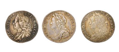 3x George II, Sixpences, comprising; sixpence 1728, young head, plumes in angles (S.3706); Near