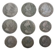 Assortment of William III Copper Coins, 9 coins comprising: 5x halfpennies, (2x)1697, 1699, 1698 and