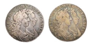 2x Willam and Mary, Halfcrowns, 1689, PRIMO, first busts, first crowned shield, no frosting,