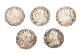 5x George II, Shillings, comprising; shilling 1734, young head, roses and plumes in angles (S.3700),