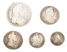 Small Assortment of William III Silver Coinage, 5 coins comprising; halfcrown 1697, Norwich mint,