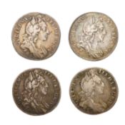 4x William III, Sixpences, comprising: sixpence, 1696, London Mint, first bust, early harp, large
