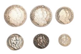 Assortment of William and Mary, Silver Coinage, 6 coins to include; shilling 1693, stop after