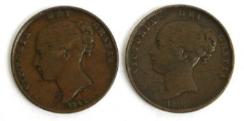 2x Key Date Victoria Pennies, 1843, no colon after REG, minor edge knock o/wise Fine; and, 1856,