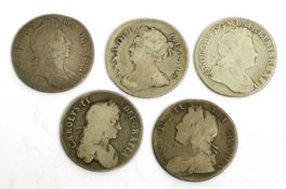 Assortment of 17th and 18th Century Shillings, 5 coins comprising; Charles II, 1668, second bust (