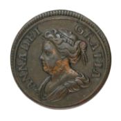 Anne, Pattern Farthing 1714, by. J. Croker in copper, obv. draped bust left, rev. Britannia