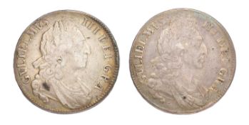 2x William III, Crowns; consisting of; 1696, OCTAVO, first bust, first harp, (Bull 995, ESC 89, S.