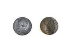 Georgian Mint Errors, 2 coins comprising, George II, halfpenny undated mis-strike, struck