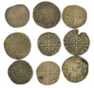 Mixed Edward I Long Cross Pennies, 9 coins in total, Bristol, York, Canterbury and London mints;