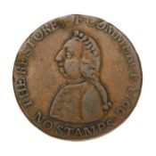 USA, William Pitt Halfpenny Token 1766, struck in copper, refers to his campaign to have the Stamp