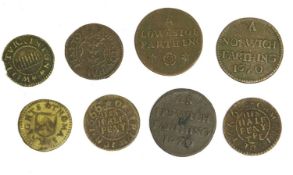 East Anglian Tokens 17th Century, 8 tokens comprising; Suffolk; Ipswich, town issue farthing