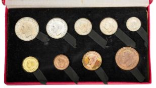 George VI, Proof Set 1950, 9 coin set, halfcrown down to farthing, all housed in red cardboard
