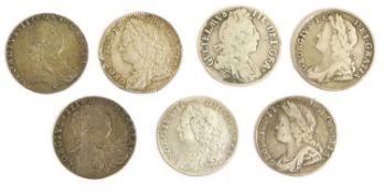 7x Assorted Sixpences, comprising: William III, 1697, late harp, small crowns (S.3542), Fine; George