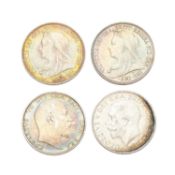 4x High Grade Shillings, comprising; (2x) Victoria 1897, both toned, AUNC and UNC; Edward VII