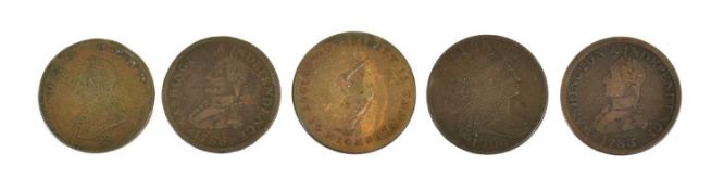 Early USA Tokens and Cents; 5 coins comprising: draped bust cent, 1796 (KM#22), Near Fine;