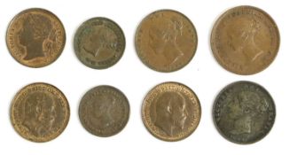 Assortment of Fractional Copper Coins; 8 coins comprising, Victoria, half farthing 1843, VF; (2x)