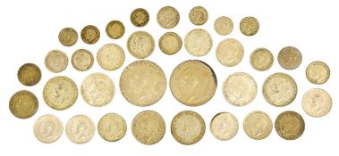 George V, Silver Coinage; 35 coins to include, (2x) crowns 1935, both with signs of corrosion to