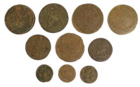 Assortment of Russian 18th Century Copper Coins; 10 coins comprising; (3x) Dengas, 1731, 1748, and