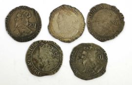 5x Charles I, Shillings, group E and F issues comprising; possibly type 4.3, mm. anchor (S.2796?),