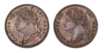 2x George IV Farthings, to include; 1822, raised leaf ribs, small verdigris patch to bottom of