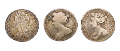 2x Anne, Sixpences, comprising: 1705, late shields, plumes in angles (S.3594), slightly creased flan