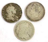 3x Silver Crowns, comprising: Charles II, 1673 V.QVINTO, (S.3358) Fair; William III, 1695
