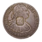 George III, Emergency Issue Dollar, octagonal countermark, struck on Charles IV, 8 reales 1802,