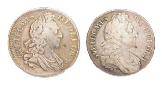 2x William III, Crowns; consisting of; 1696, OCTAVO, first bust, first harp, (Bull 995, ESC 89, S.