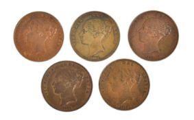 High-Grade Victoria Young Head Pennies, 5 coins comprising; 1848 ornamental trident, DEF-:, GVF;