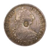 George III, Emergency Issue Dollar, oval countermark, struck on Charles III, 8 reales 1772, Mexico
