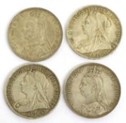 4x Victoria Crowns, comprising; 1889, minor edge knock o/wise Very Fine; 1892, Good Very Fine; 1893,