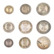 Assortment of Georgian Maundy Oddments, 9 coins, comprising: Anne, 3d 1707; George I, 4d 1727, 2d