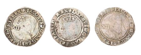 3x James I, Shillings, comprising: shilling, second coinage (1604-1619) 5.73g mm. coronet, fourth